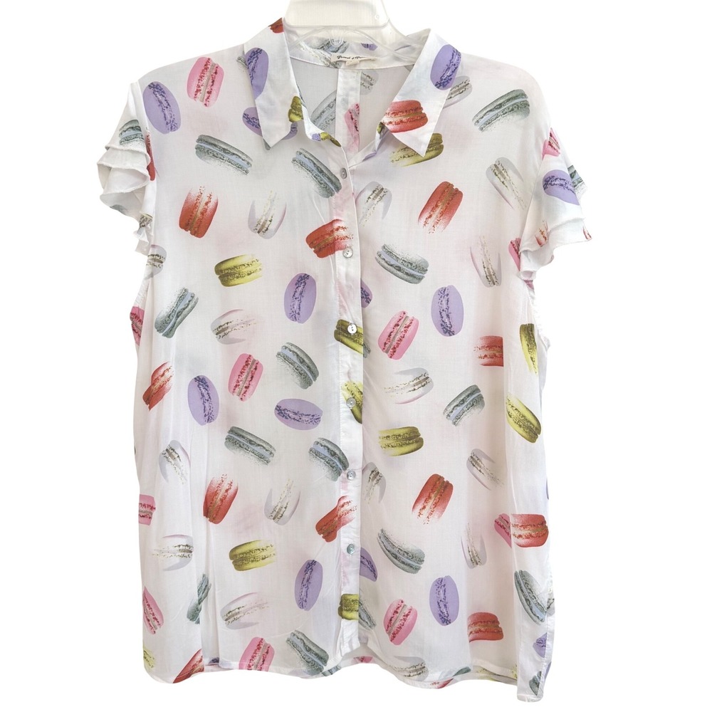 Grand & Greene Macaron Print Ruffle Sleeve Button Up Shirt XL White Rayon Top